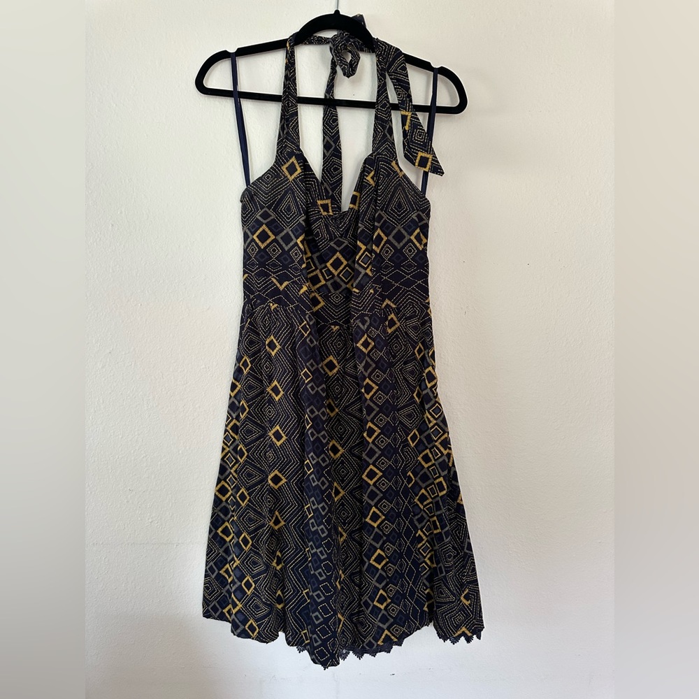 Anthropologie navy and mustard halter dress